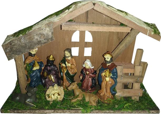salvusappsolutions Beautifully Handmade Wood Hut with Marble Powder Made Holy Family Nativity Set For Christmas Assembled 5 cm Pack of 8