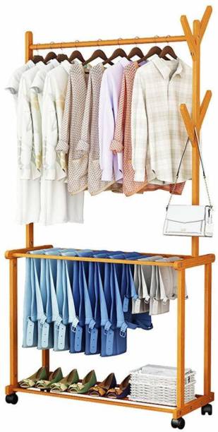 LEOPAX Rolling Coat Rack, Wood Garment Rack, Clothes Hanging Rail with 2 Shelves Engineered Wood Coat Stand