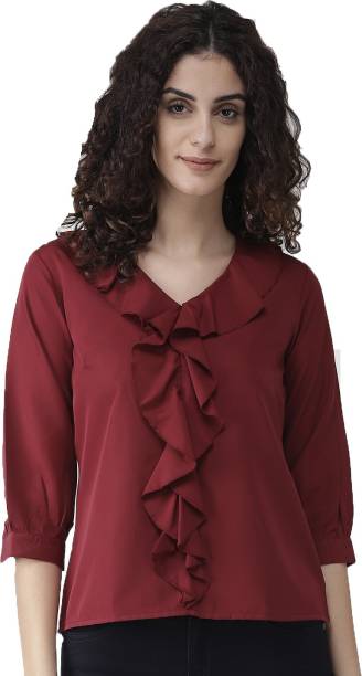 Style Quotient Casual 3/4 Sleeve Solid Women Maroon Top