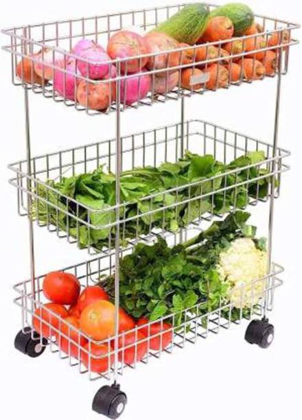 Shelzi 3 Layer Fruit and Vegetable Stand/Basket/Trolley Modern Kitchen Storage Rack Steel Kitchen Trolley