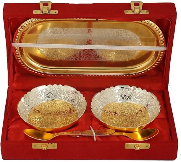 Marusthali Festival Gifts Gold Plated Handi Set in 3 Handi Bowl 3 Spoon Tray 