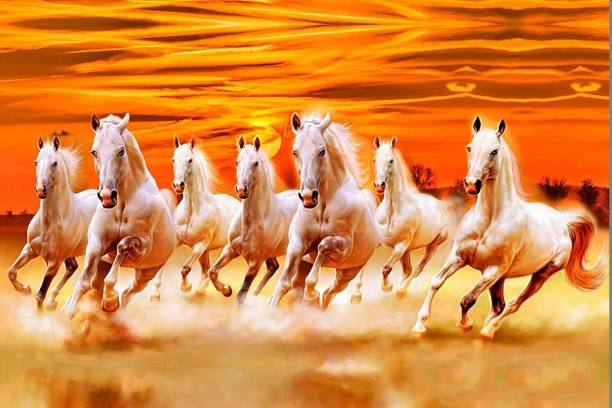 'vastu Poster'' White 7 Horse vastu Painting, beautiful Seven Horse Running At Sunrise, Wall poster, Wall Painting, Washable canvas Poster, Natural print painting, Home Decor, Office Décor Canvas Art