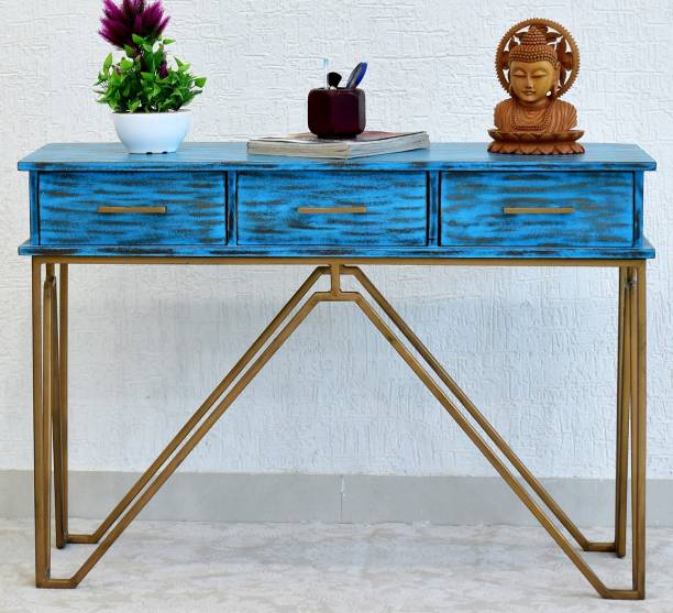 SamDecors Solid Wood 3 Drawer CASINO Console Hall Table rustic distressed Blue with golden Finish Iron Frame Solid Wood Console Table