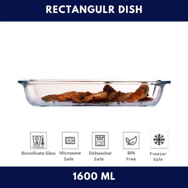 Femora Borosilicate Glass Rectangular Dish With Handle 1600 ml, 1 Year Warranty Baking Dish