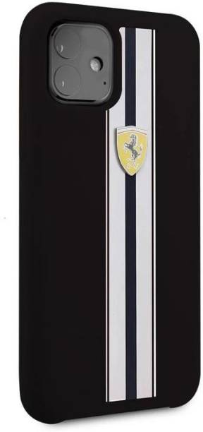 Ferrari Back Cover for Apple iPhone 11 White Stripe Liquid Silicon Velvet-Touch Silk Finish Back Case