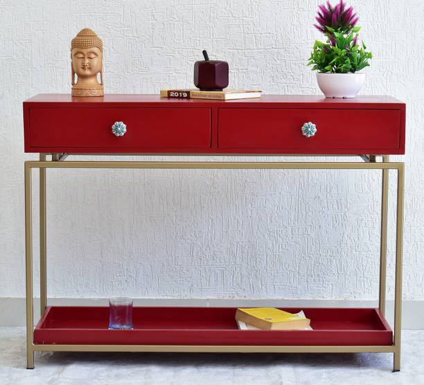 SamDecors Solid Wood 2 Drawer with Tray at Bottom Alex Console Hall Table Red with golden Finish Iron Frame Metal Console Table