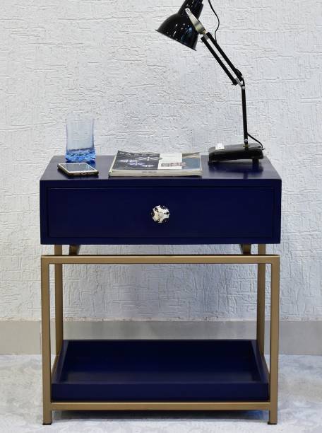 SamDecors Solid Wood One Drawer with Tray at Bottom Eve Side/Bedside Table Blue with Golden Finish Iron Frame Solid Wood Side Table