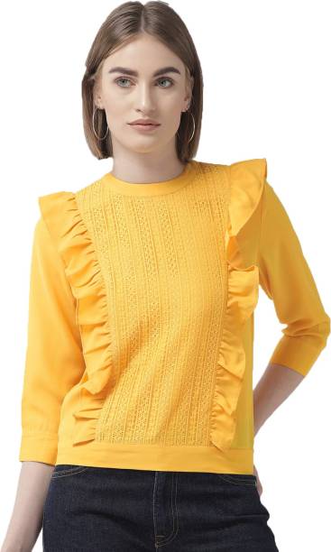 Style Quotient Casual 3/4 Sleeve Solid Women Yellow Top