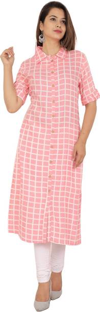 Women Checkered Cotton Rayon Straight Kurta Price in India
