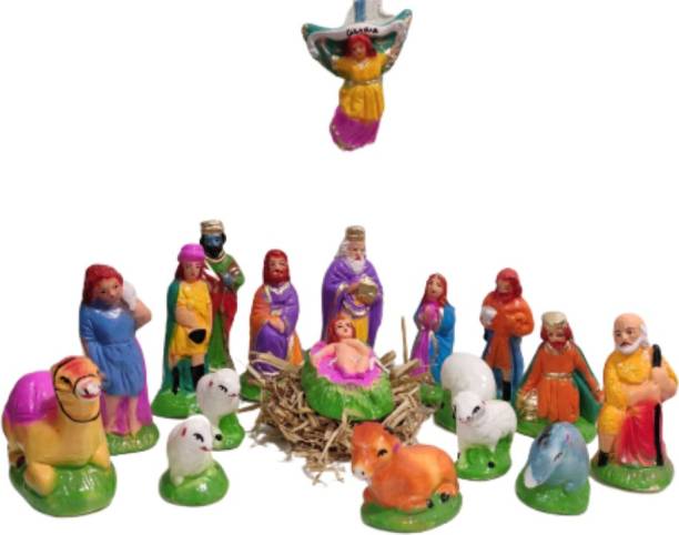 Puja N Pujari Christmas Nativity Crib Set with Baby Jesus, Mother Marry, Saint Joseph 3 King and Other 15 Piece Decoration Set Separate Pieces 8 cm Pack of 18