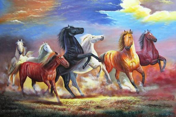 Vastu Seven Lucky Running Horses Painting Poster Fully Waterproof Canvas Print for Living Room,Bedroom,Office,Kids Room,Hall Canvas Art