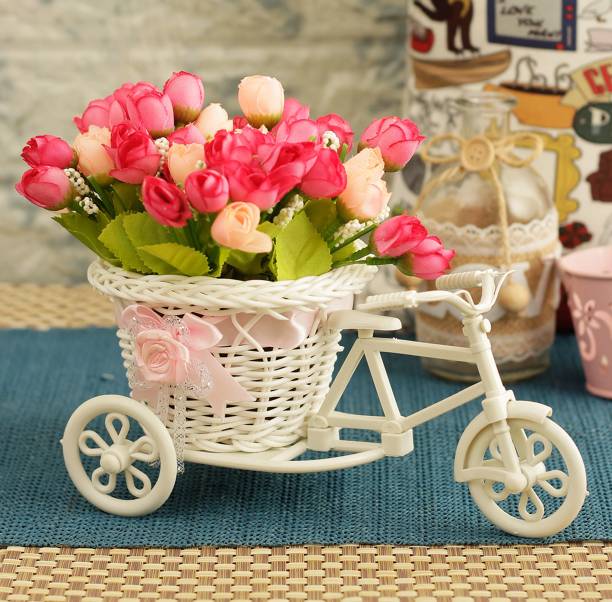 TIED RIBBONS Decorative Flower Vase Cycle Shape with Peonies Bunches for Living Room Bedroom Drawing Room Table Home Decoration Multicolor Peony Artificial Flower  with Pot