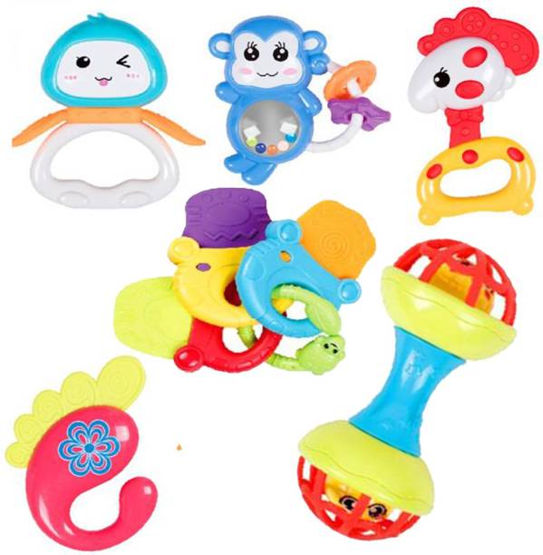 Toyvala 6 Pcs Combo Pack of Rattles, Teethers and Multiple Character Shape Bath Toys Non Toxic BPA Free Set for Babies,Infants Rattle & Teethers Rattle