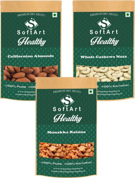 Soft Art Californian Almonds , Whole Cashews Nuts & Munakka Raisins (250g Each) Vaccum Pack Almonds, Cashews, Raisins