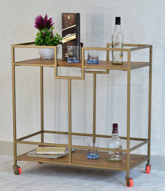 SamDecors Solid Wood Kelly Multipurpose Bar Trolley with Wheels with Two Shelves in Natural Brown Finish and Iron Frame in Golden Finish Solid Wood Bar Trolley