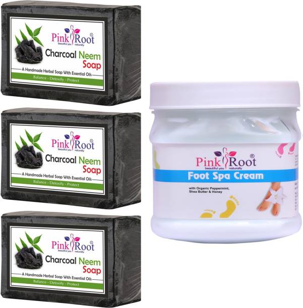 PINKROOT Charcoal Soap Pack of 3 with Foot Spa Cream 500gm