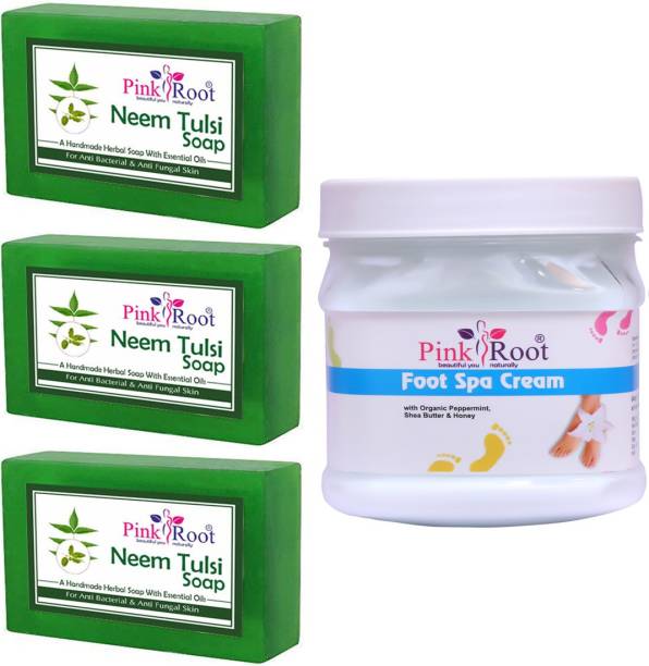 PINKROOT Neem Tulsi Soap Pack of 3 with Foot Spa Cream 500gm