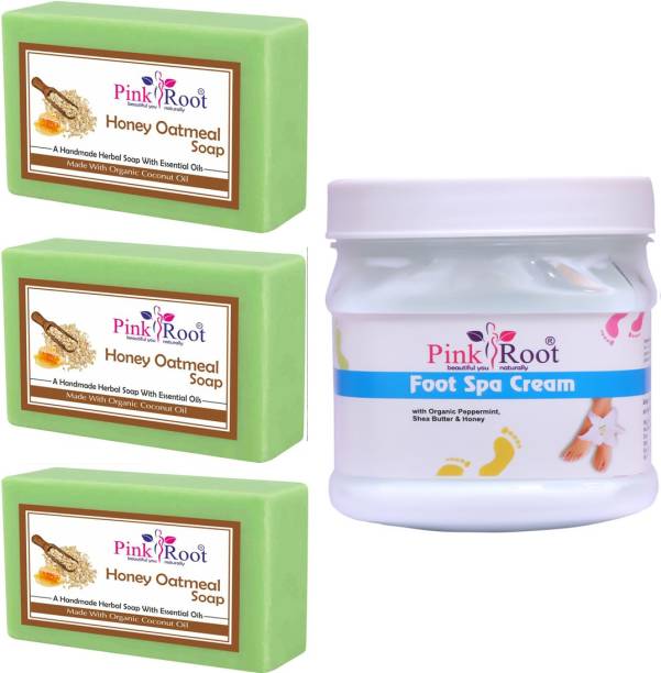 PINKROOT Honey Oatmeal Soap Pack of 3 with Foot Spa Cream 500gm