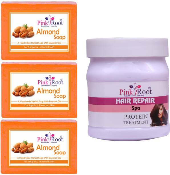PINKROOT Almond Soap Pack of 3 with Hair Spa Cream 500gm