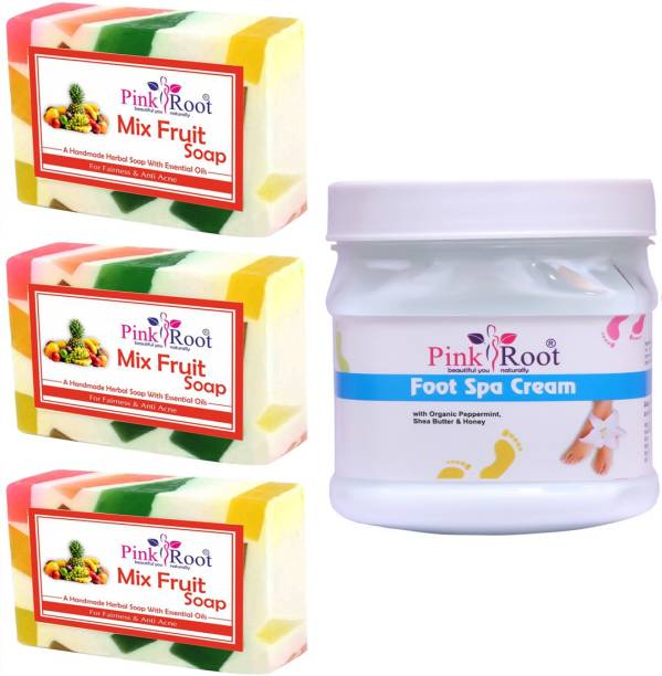 PINKROOT Mix Fruit Soap Pack of 3 with Foot Spa Cream 500gm