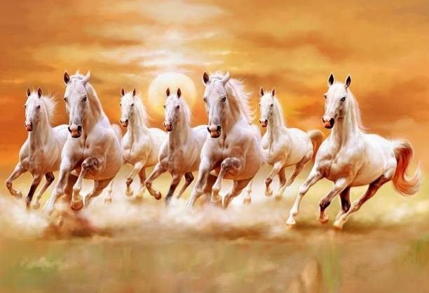 Seven Lucky Running Horses Vastu Wallpapers canvas print art medium size painting Poster For Living Room,Bedroom,Office,Kids Room,Hall Canvas Art