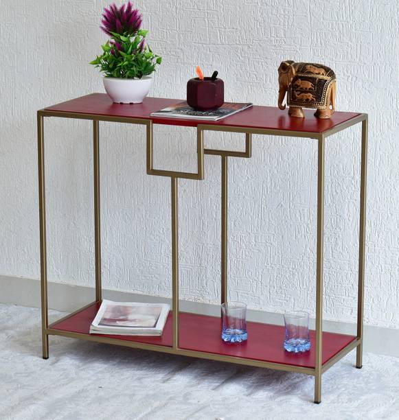 SamDecors Solid Wood Kenny Multipurpose Console Hall Table with Two Shelves in Red Finish and Iron Frame in Golden Finish Solid Wood Console Table