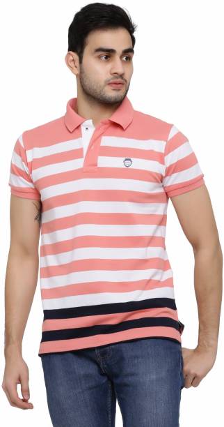 Gentino Striped Men Polo Neck White, Pink, Black T-Shirt