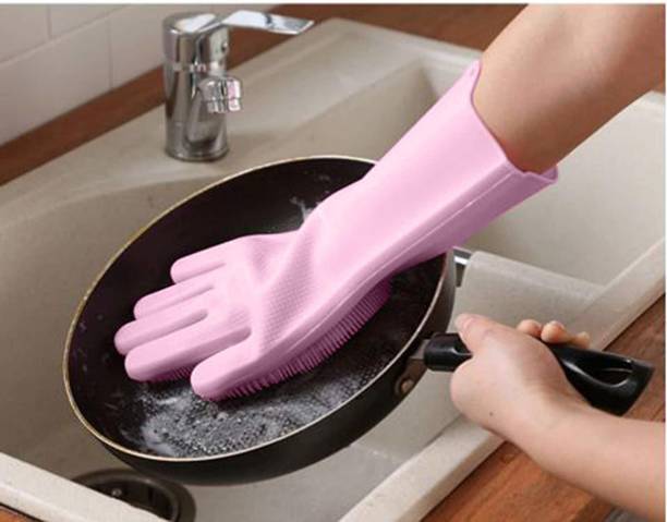 Lazy House Magic Silicone Scrubbing Gloves, Scrub Cleaning Gloves with Scrubber for Dishwashing and Pet Grooming (Pink, 1 Pair) Wet and Dry Glove