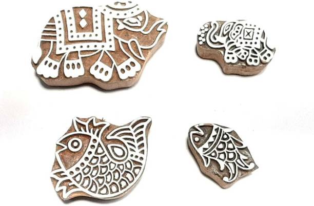 wooden block stamps woodenblockstamps Hand Carved Fabric Block elephant and fish shaped Textile Printing Henna, Scrapbook Print and Home Decor, Size- 2 inches (Brown) Set of 4 Printing Blocks