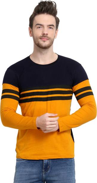 UZee Striped Men Round Neck Yellow T-Shirt