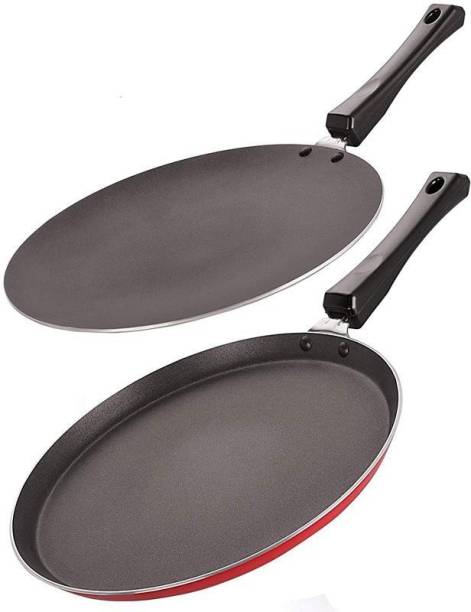 NIRLON Nonstick Cookware 3 Layer combo Set of Roti Concave Tawa 28.5cm & Crispy Dosa Flat Tawa 27.5 cm (Red & Black) Cookware Set