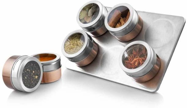 Shri and Sam High Grade Stainless Steel Spice Masala Jar Set with Tray,Copper Plating,7-Pieces Condiment Set