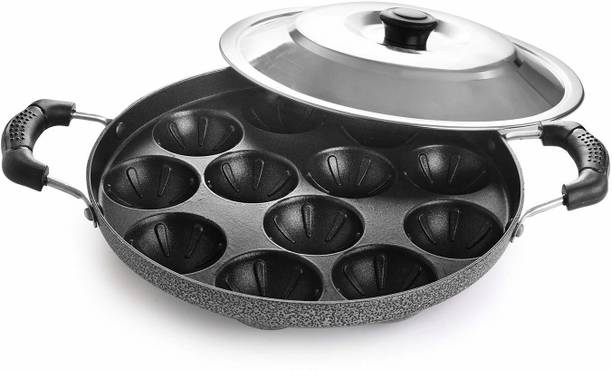 cello Non-Stick 12 Cavity Grill Appam Patra Double Handle Paniarakkal with Lid 1 L capacity 25 cm diameter