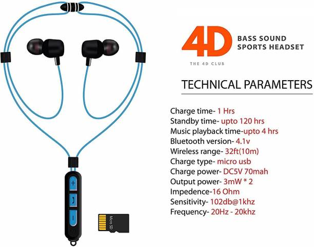 ROQ 4D HI BASS MAGNETIC BLUETOOTH EARPHONES WITH MIC AND MEMORY CARD SLOT 64 GB MP3 Player