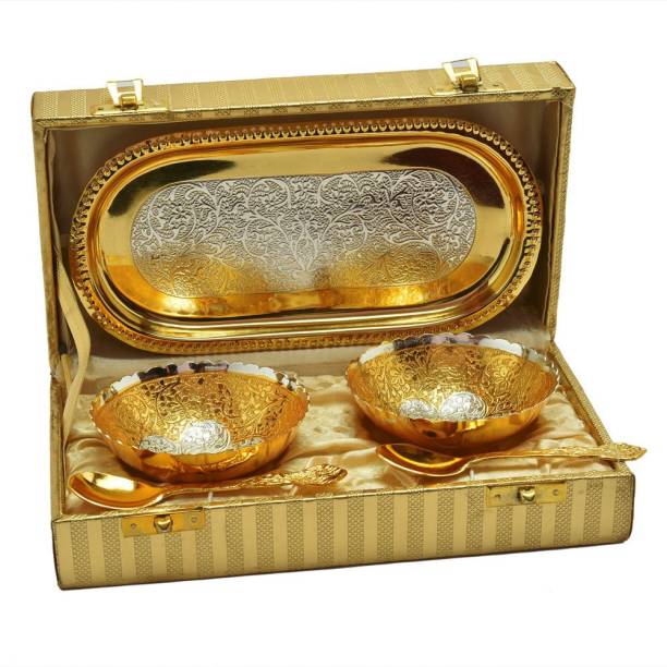 Shreeng Silver And Gold Plated Brass Bowl Tray With Spoon Set Of 5 Pcs. Brass Decorative Platter