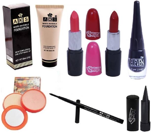 SWIPA Pink+Red Lipstick+Foundation+2in1 Compact Powder+Eyeliner+Kajal+EyeLip Pencil s
