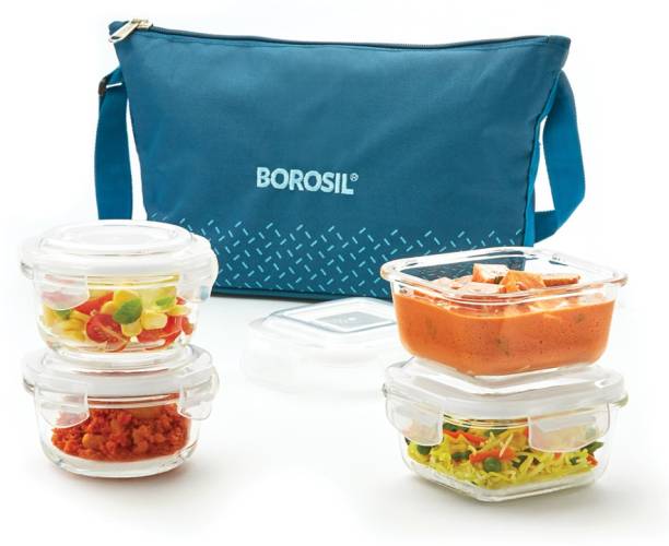 BOROSIL Glass Lunch Box, set of 4, 320mlX2 + 240mlX2 -DAISY-Sky 4 Containers Lunch Box