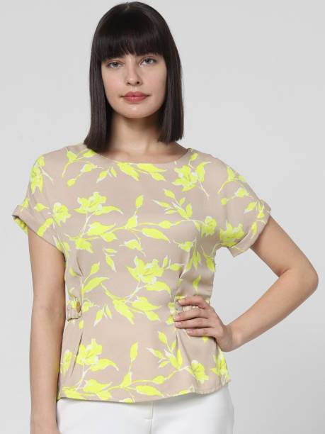 VERO MODA Casual Short Sleeve Floral Print Women Beige Top