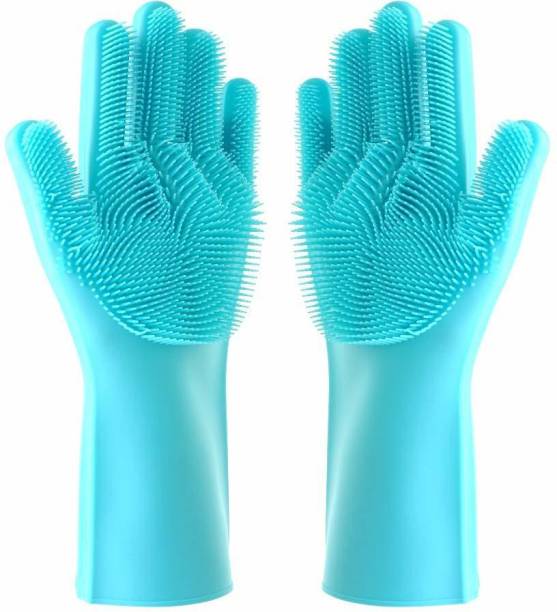 Trend TE-Magic Silicone Dish Washing Gloves, Silicon Cleaning Gloves, Silicon Hand Gloves for Kitchen Dishwashing and Pet Grooming Set (Free Size 1 PAIR) (BLUE) Wet and Dry Glove