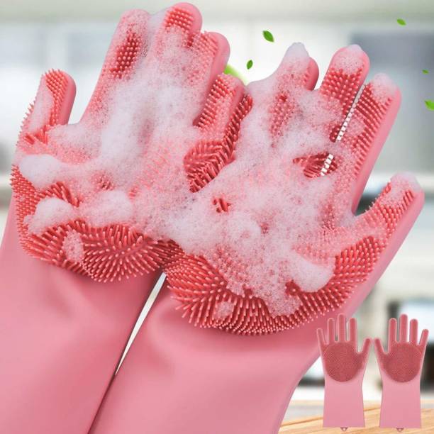 DipNish Silicone Kitchen Magic Gloves for Dishwashing Rubber Dish Washing with Brush Cleaning Scrubber Wet and Dry Glove