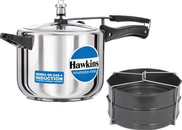HAWKINS Stainless Steel 5 Ltr Pressure Cooker With Hard Anodised 2 Pc Separater Cooker Dabba and Stand 5 L Induction Bottom Pressure Cooker
