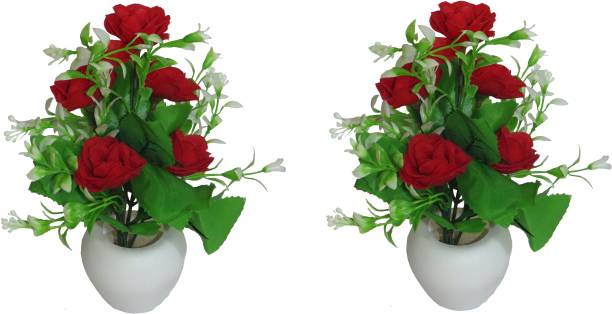YSK Creation Artificial Velvet Rose with White Pot for Home Decoration | Flower Pot for Home Decoration | Flower Pot with Artificial Flowers| Artificial Flower with Pot…Combo Set of 2 (Red) Red Rose Artificial Flower  with Pot