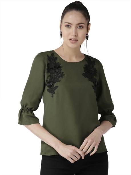 Style Quotient Casual 3/4 Sleeve Solid Women Green Top