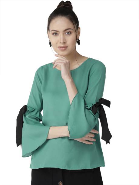 Style Quotient Casual Bell Sleeve Solid Women Green Top