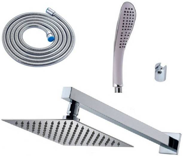 Prestige 8x8 Ultra Slim Rain Shower Head with 18inch Arm Plus Fish Hand Rain Shower with 1mtr SS Tube and Wall Hook��(Chrome) Wall Mounted
