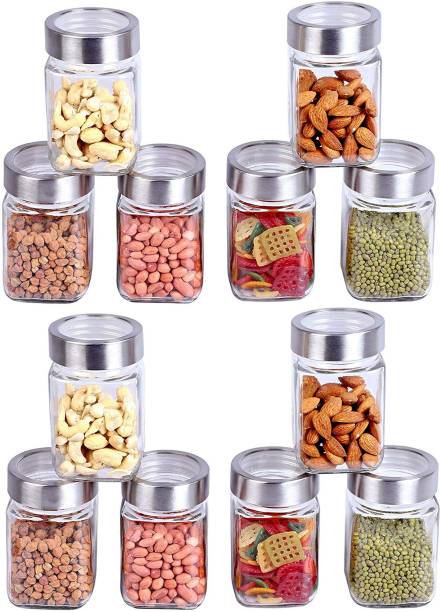 otak cube Square Shape Glass Storage Jar with Airtight Silver Lid Cube Glass Jar Canister Storage Container Airtight Lid Buckle Kitchen Food Organizer for Pickle Spices Jam Pulses Preservation bread container cereal dispenser cookie jar egg container fridge container milk container sprout maker tea coffee & sugar container utility container  - 300 ml Glass Grocery Container