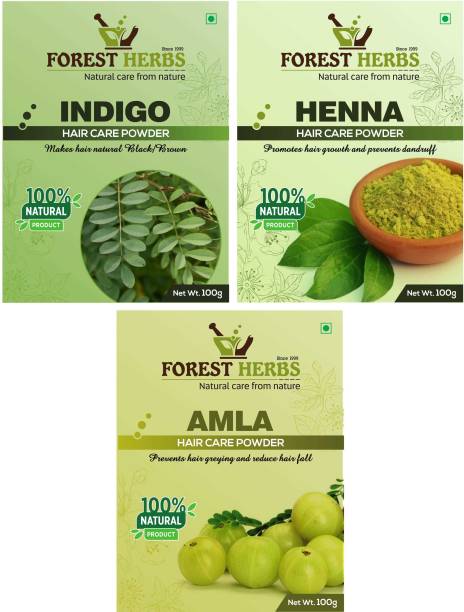 Forest Herbs 100% Pure & Natural Organic Henna, Indigo and Amla Powder Each 100Gms