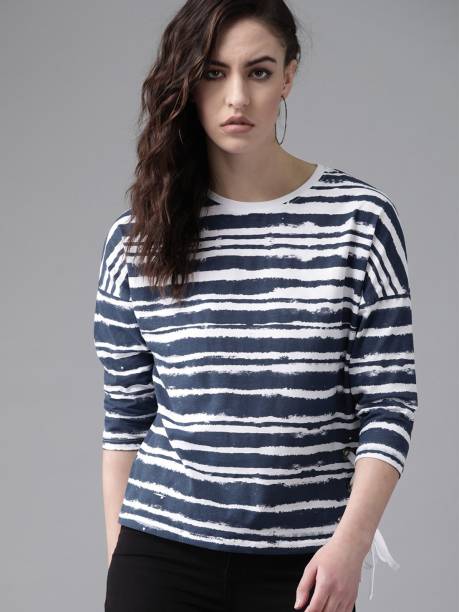 Roadster Casual 3/4 Sleeve Striped Women White Top