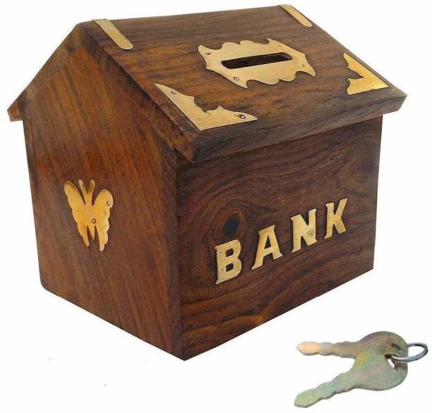 Jolen ENTERPRISES Hut Shape Wooden Money Box with Lock Piggy Bank Coin Box Children Gifts, Brown