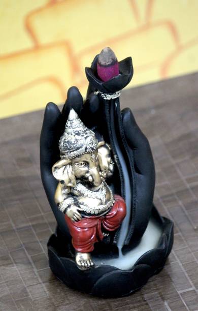 Craft Junction Handcrafted Lord Ganesha on Palm Smoke Backflow Cone Incense Holder With 10 Incense Cones Polyresin Incense Holder